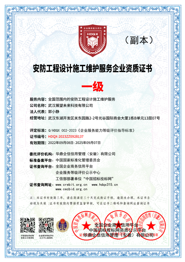 安防工程设计施工维护服务企业资质证书